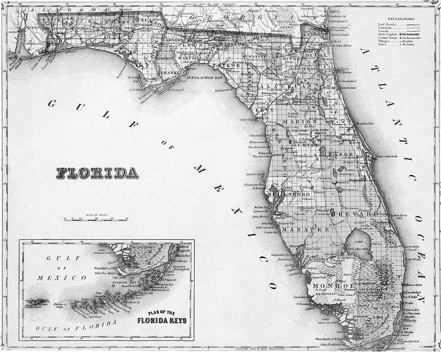 Florida Map Black and White Photograph by Laura Fasulo