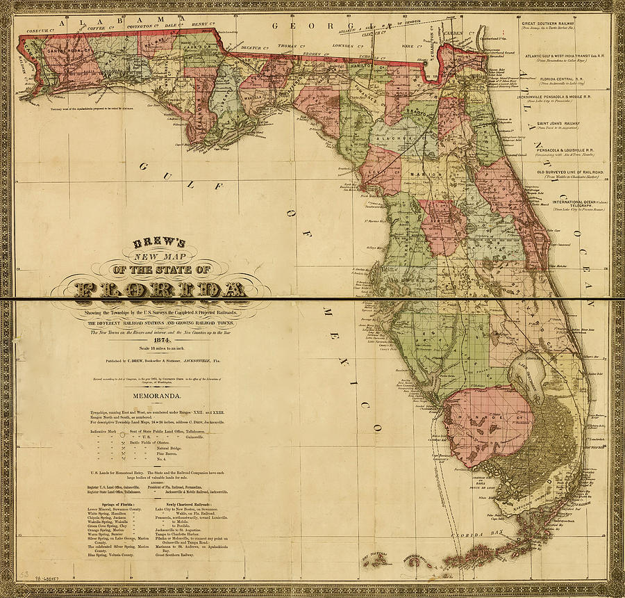 Florida Railway and Township Map 1874 Drawing by Vintage Maps - Fine ...