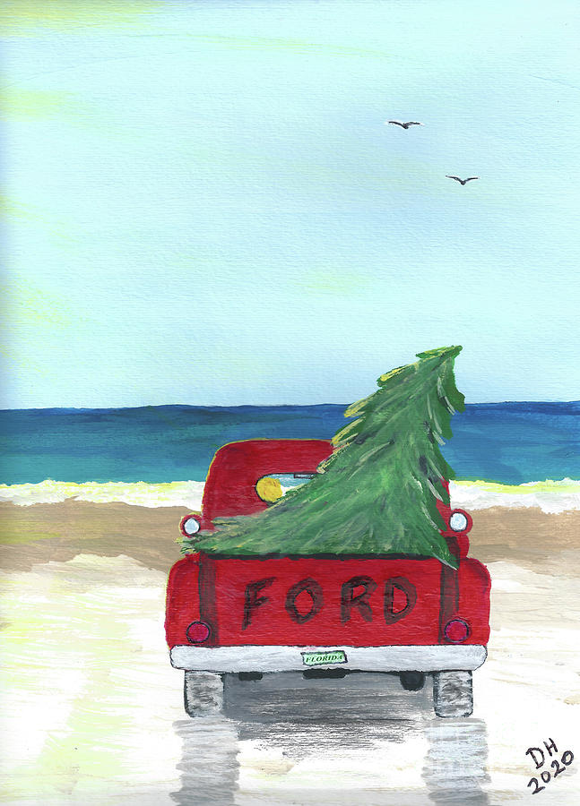 Florida Red Truck Christmas Tree Painting by D Hackett