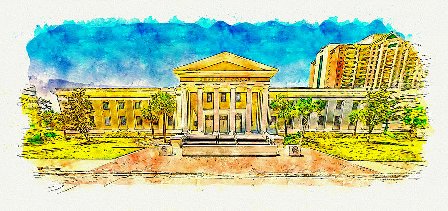 Florida Supreme Court Building in Tallahassee - pen sketch and watercolor Digital Art by Nicko Prints