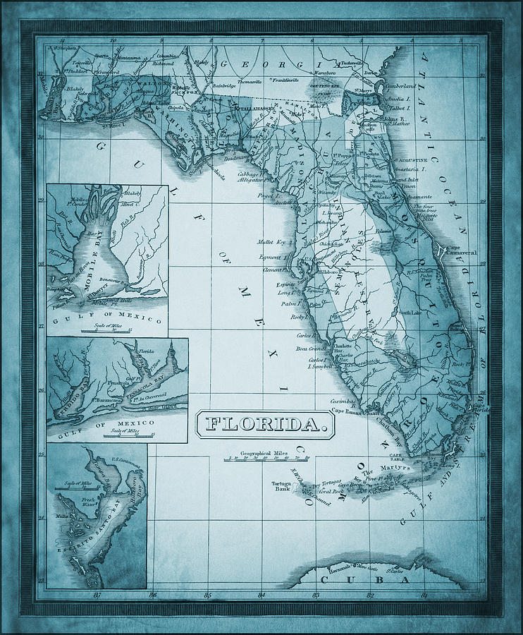 Florida Vintage Map 1833 Ocean Blue  Photograph by Carol Japp