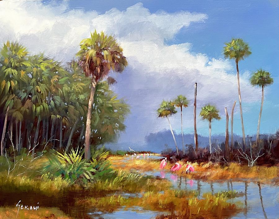 Florida Wetland and Spoonbills Landscape Art Print. Painting by Karim ...