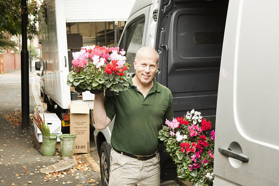 Florist unloading van holding trays of cyclamen. Photograph by Betsie Van Der Meer