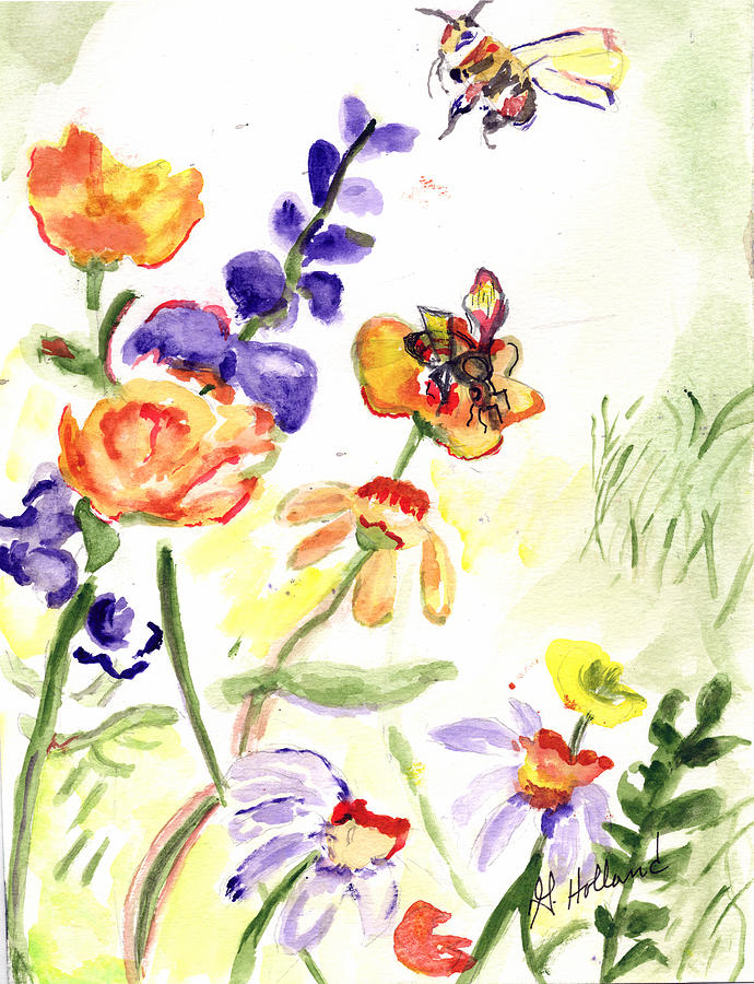 Bees and  flowers Painting by Genevieve Holland