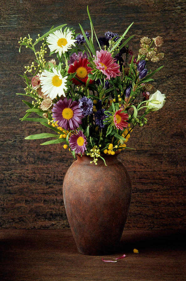 Flower Bouquet In Rust Colored Vase Photograph by Digital Zoo