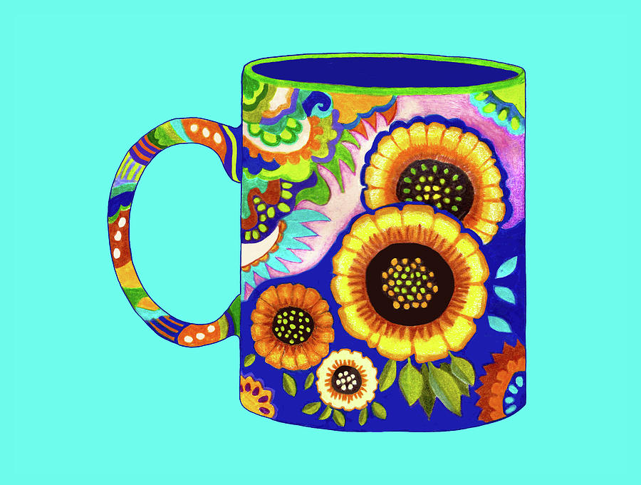 Flower Coffee Cup #1, Mexican Style on Blue Drawing by Lorena Cassady