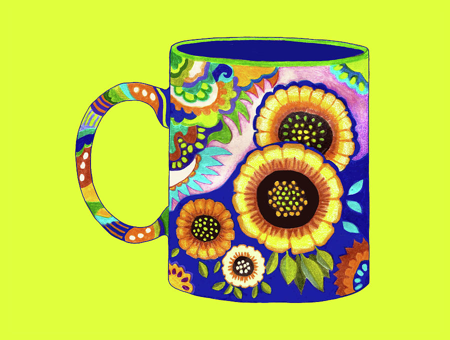 Flower Coffee Cup #1 on Chartreuse, Mexican Style Drawing by Lorena Cassady