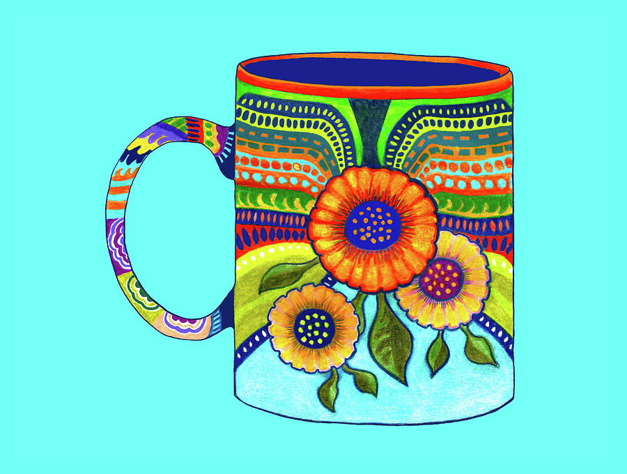 Flower Coffee Cup #2, Mexican Style on Blue Drawing by Lorena Cassady