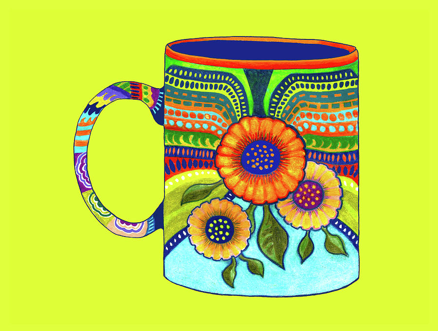 Flower Coffee Cup #2 on Chartreuse, Mexican Style Drawing by Lorena Cassady