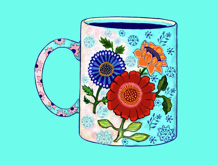 Flower Coffee Cup #4, Mexican Style on Blue Drawing by Lorena Cassady