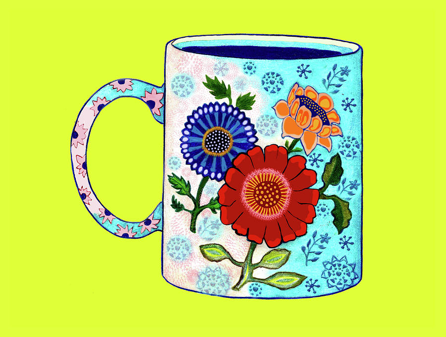 Flower Coffee Cup #4 on Chartreuse, Mexican Style Drawing by Lorena Cassady