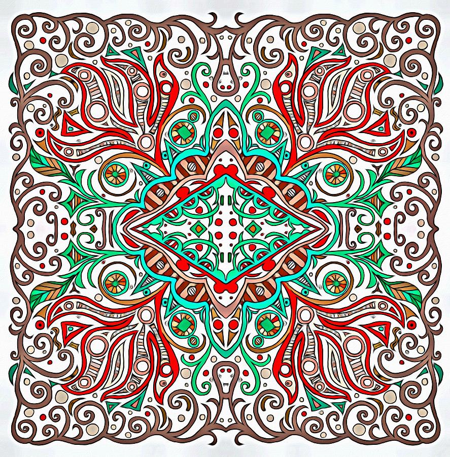 Flower Fan Symmetrical Design in Green and Red Mixed Media by Lise Winne