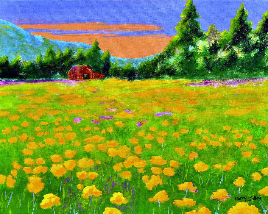 Flower Fields at Sunset Painting by Nancy Jolley