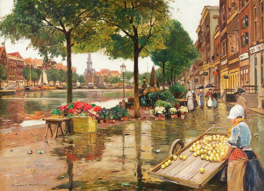 Flower Market in Amsterdam Painting by Heinrich Hermanns