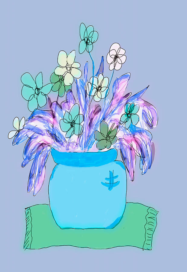 Flower Pot in Blue Mixed Media by Rosalie Scanlon