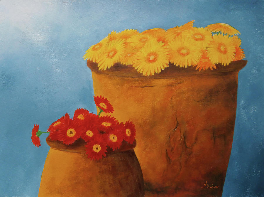 Daisy Painting - Red and Yellow Daisies Painting, in Clay Pots on Blue Background by Aneta Soukalova