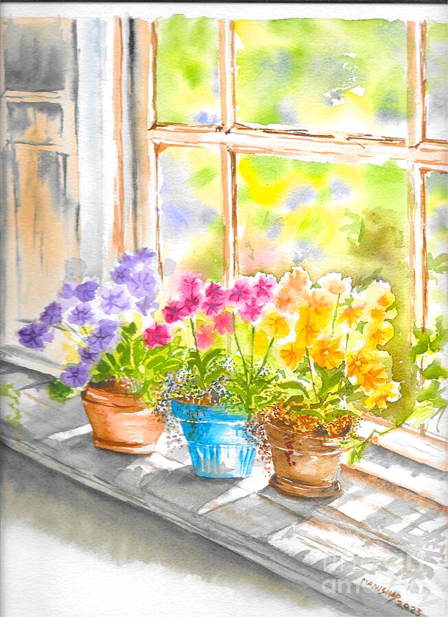 Florals Painting - Flower Pots in Morning Window  by Manisha Pinjarkar