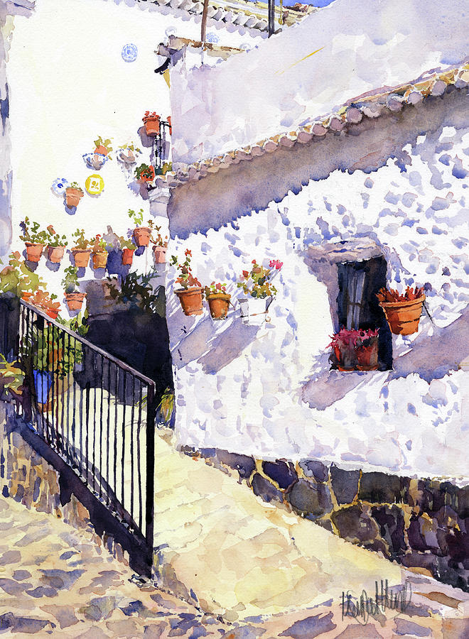 Flower Pots In Ohanes Painting by Margaret Merry