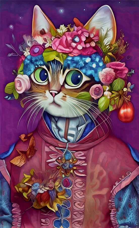 Flower Power Cute Cat Mixed Media by Ann Leech