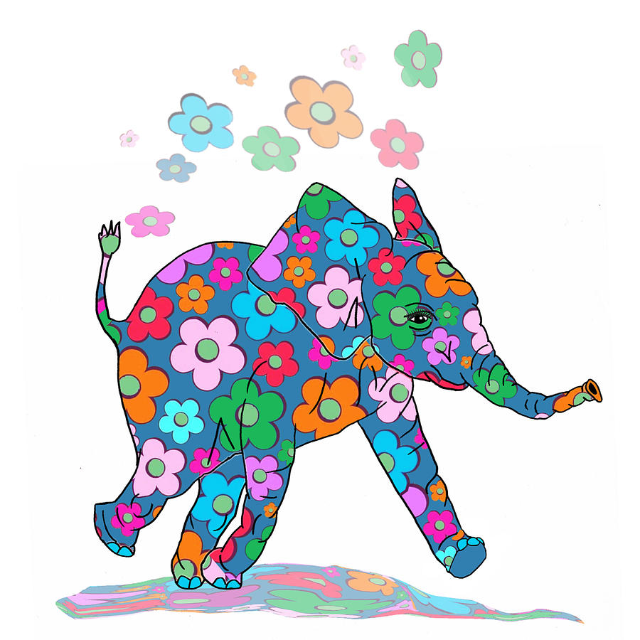 Flower Power Elephant - Retro Mixed Media by Kelly Mills
