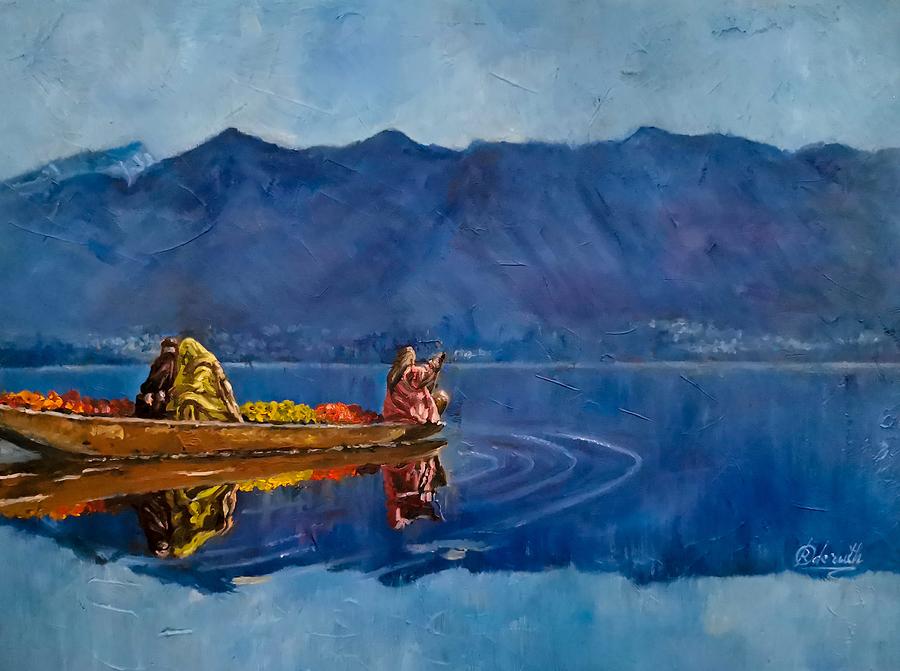 Flower sellers, Dal lake, Kasmir Painting by Raouf Oderuth