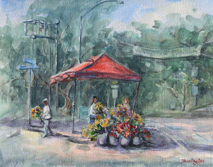 Outdoors Painting - Flower Stand by Xueling Zou