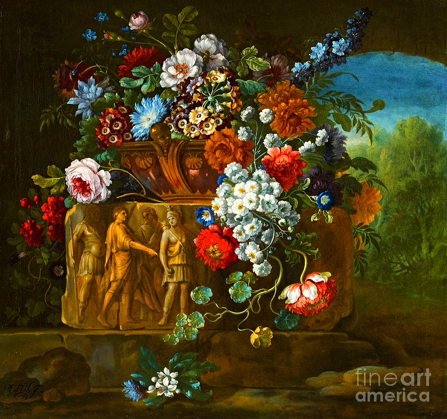 Flower Still Life with Fragment of a Roman Relief 1729 Painting by Peter Ogden