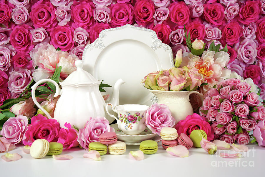 Flower wall aesthetic Mother s Day Valentine wedding high tea setting. Photograph by Milleflore Images