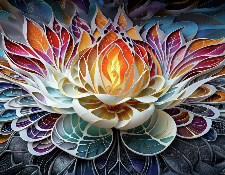 Intricate Floral Paper Sculpture Digital Art - Flower With Playful Flame by Eris And AI