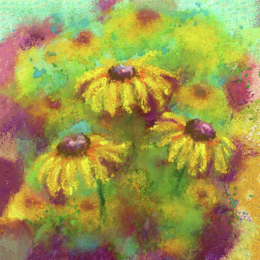 Flowerbed with yellow Rudbeckias Painting by Karen Kaspar