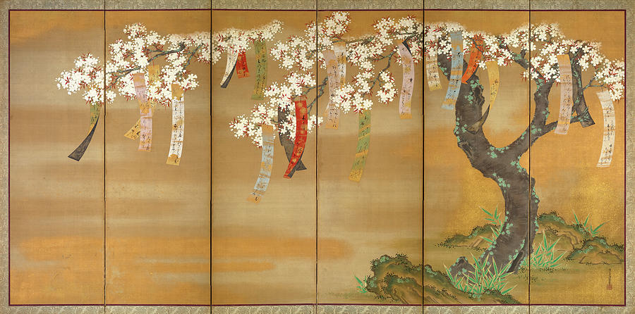 Tree Painting - Flowering Cherry with Poem Slips by Tosa Mitsuoki