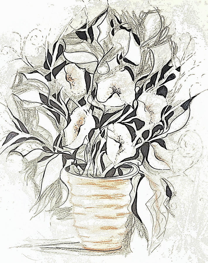 Flowerpot Drawing with Ink Painting by Lisa Kaiser