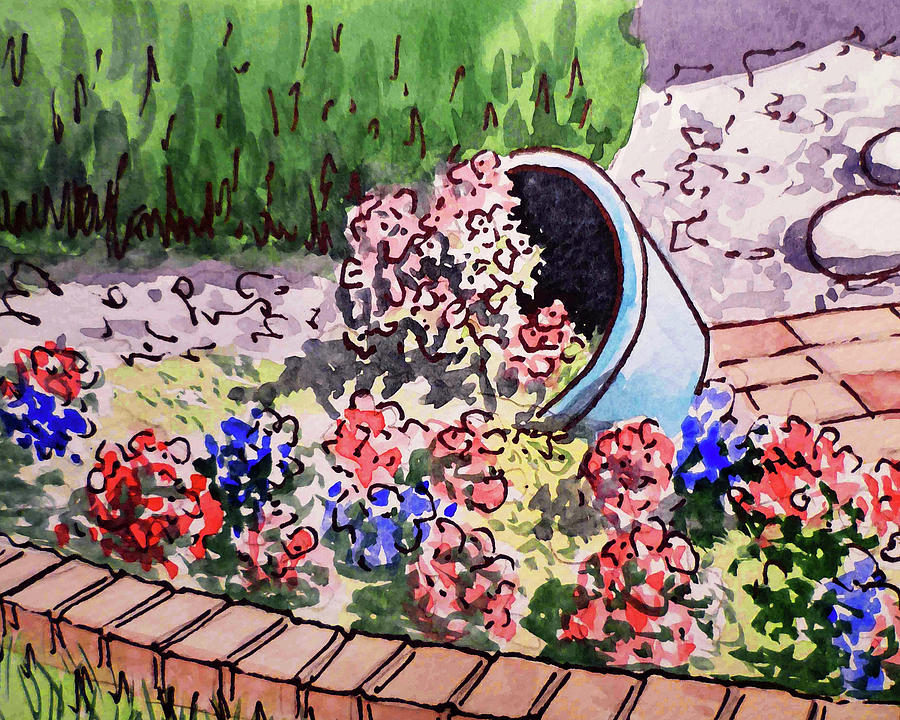 Flowerpot In The Garden Watercolor Flowerbed Red and Blue Flowers  Painting by Irina Sztukowski