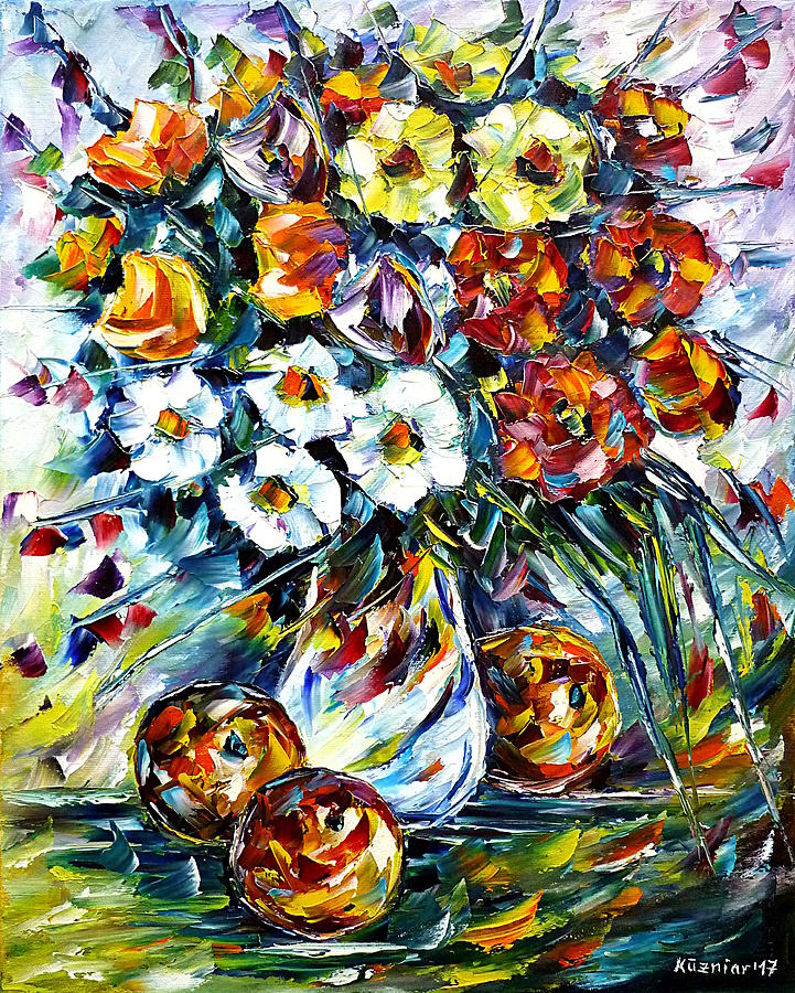 Flowers And Apples Painting by Mirek Kuzniar