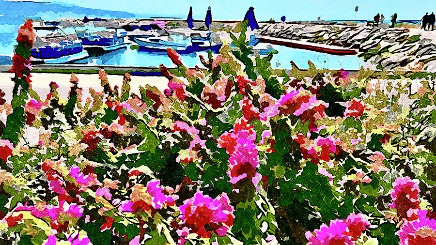 Flower Digital Art - Flowers and Boats in Aqaba Watercolor by Pamela Storch
