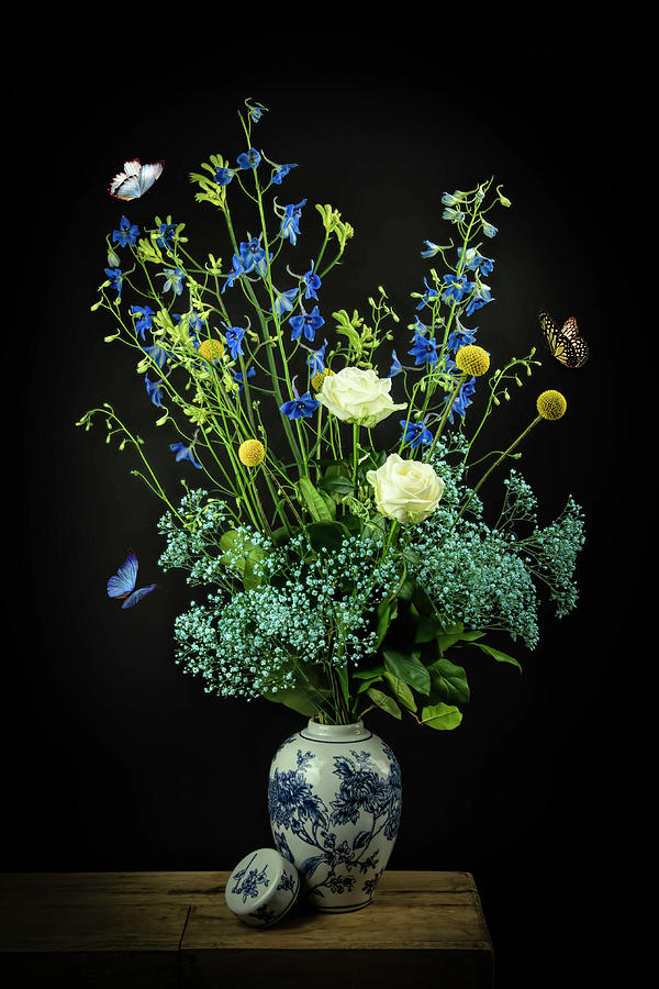 Flowers And Butterflies In Delft Blue Photograph by Marjolein Van Middelkoop