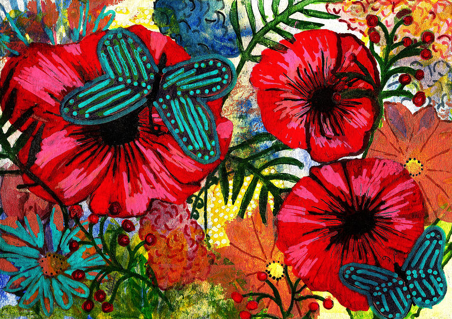 Flowers and Butterflies vibrant Painting by Maura Satchell