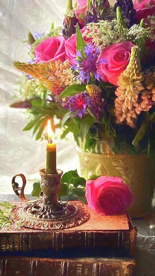 Flower Painting - Flowers and Candle Still Life Painting by John Straton
