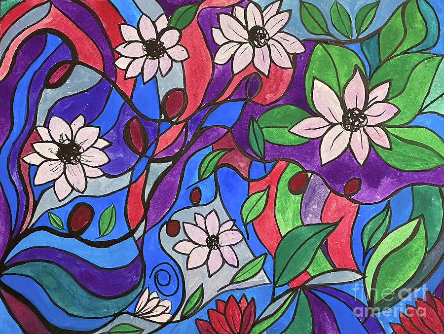 Flowers and Curves Mixed Media by Lisa Neuman