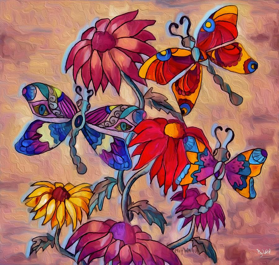 Flowers and Dragonflies Painting by Megan Walsh
