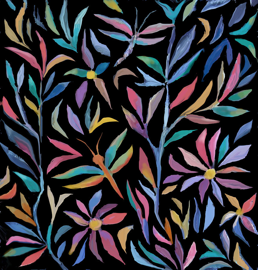 Flowers and Dragonflies Pattern Digital Art by Jean Batzell Fitzgerald