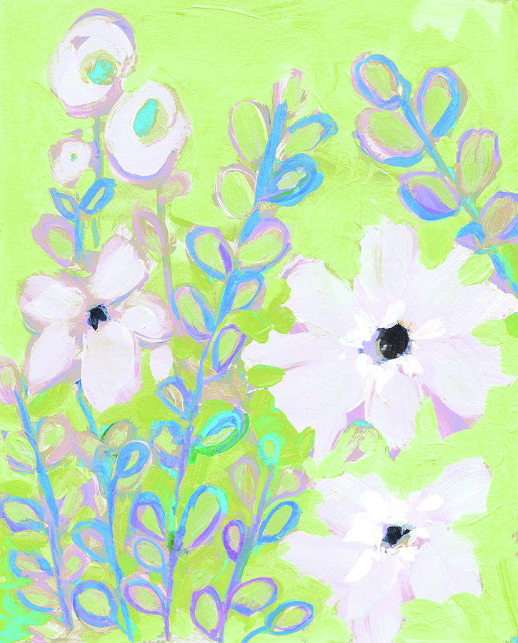 Flowers and Foliage, Abstract Flowers, White and Lime Green Painting by Patricia Awapara