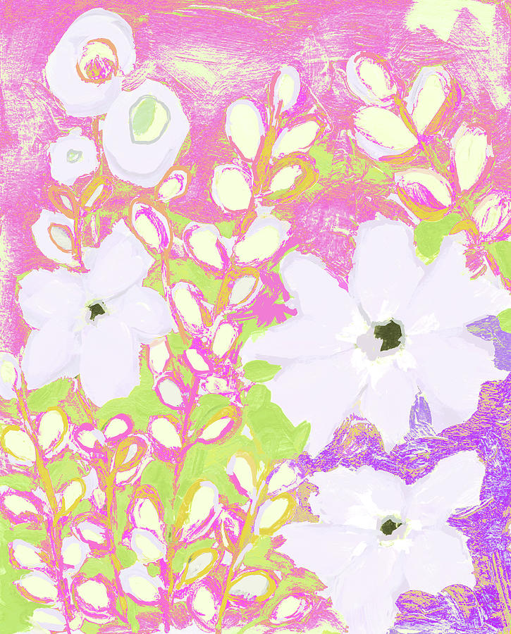 Flowers And Foliage - Abstract White Flowers Acrylic Painting Painting by Patricia Awapara
