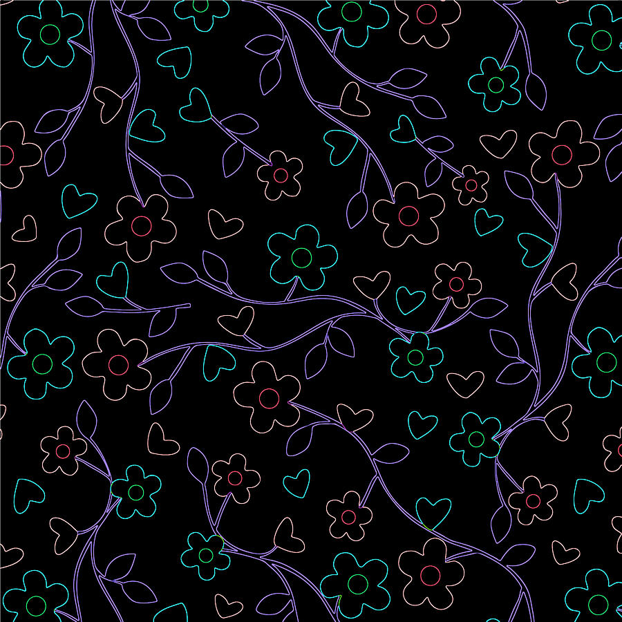 Garden Drawing - Flowers And Hearts Bright Floral Seamless Pattern Print, Black Background Vintage Seamless Pattern by Mounir Khalfouf