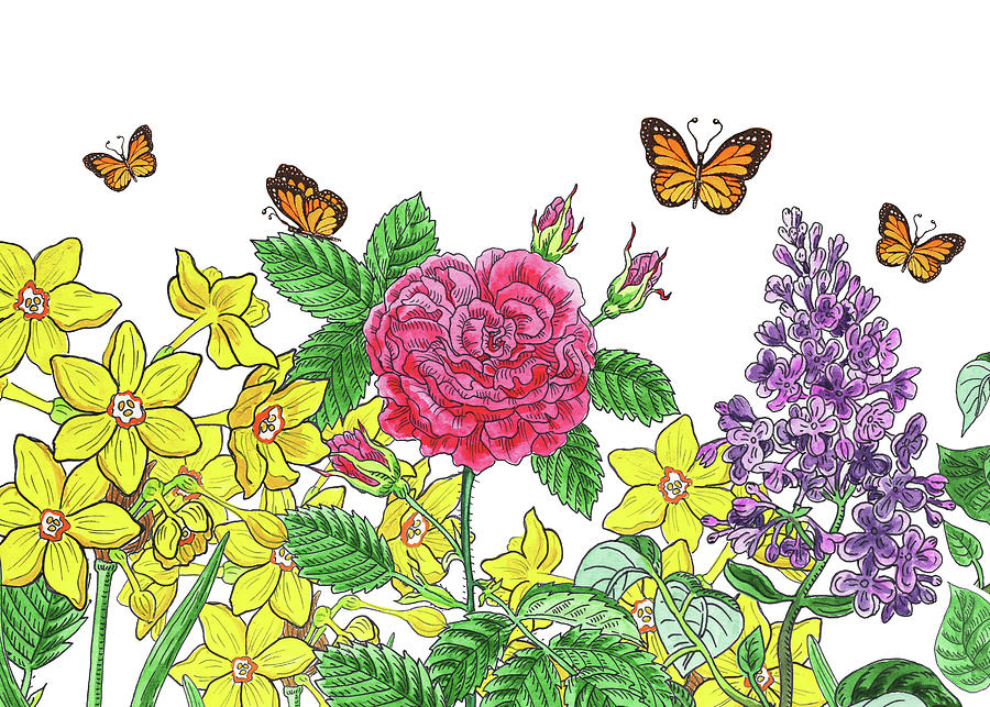 Butterfly Painting - Flowers And Monarch Butterflies Botanical Watercolor  by Irina Sztukowski