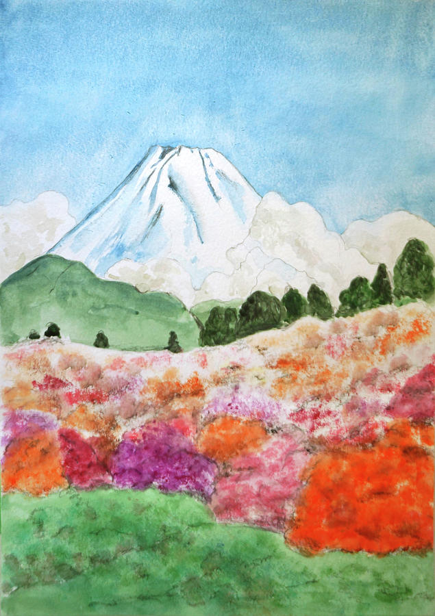 flowers and Mount Fuji Japanese Woodblock arts Painting by Color Color