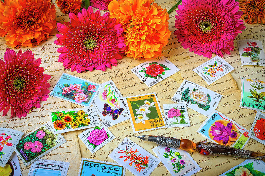 Flower Photograph - Flowers And Postage Stamps by Garry Gay