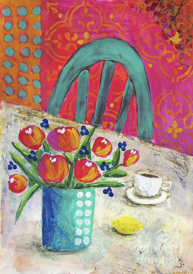 Flowers at the Table  Mixed Media by Jill Battaglia
