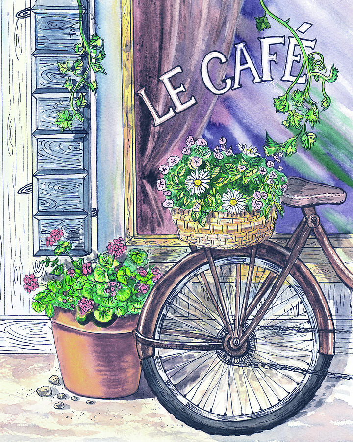 Flower Painting - Flowers Basket Bicycle Near Window Cafe  by Irina Sztukowski