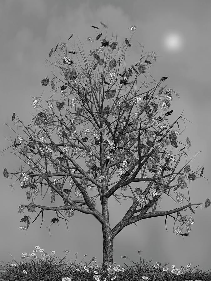 Flowers Beneath The Autumn Tree Black and White Mixed Media by David Dehner